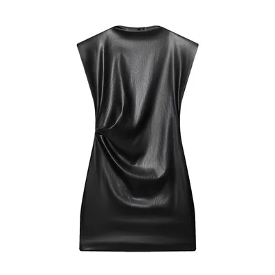 Women's Slim fit Faux Leather Padded Shoulder Short Dress Black - Shop at LoveMi