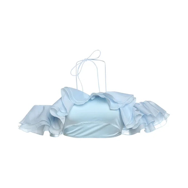 Sexy Halter Navel Wrapped Chest Split Lace collared Blouse Blue - Shop at LoveMi