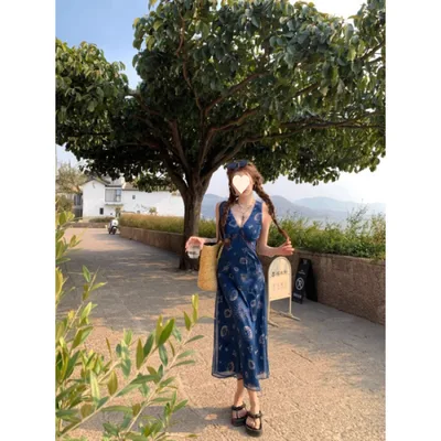 Vacation Style V neck Printing Slip Dress Women Yy8147 Navy Blue - Shop at LoveMi
