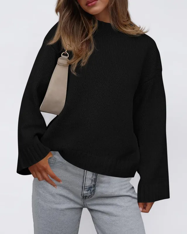 Casual Round Neck Solid Color Knitted Sweaters Women's Clothing Black - Shop at LoveMi