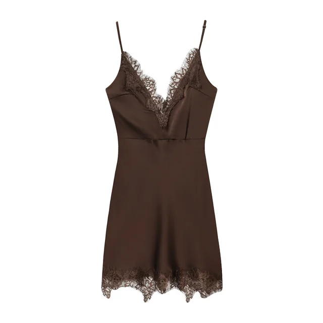 Fashion Temperament Suspender Lace Dress Brown - Shop at LoveMi