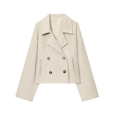 Simple Double Breasted Short Woolen Coat Women's Top Apricot - Shop at LoveMi