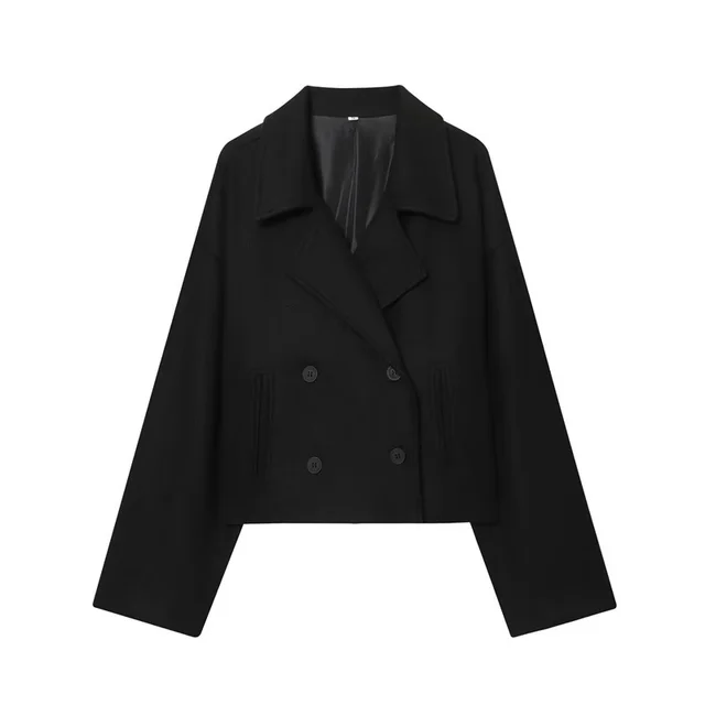 Simple Double Breasted Short Woolen Coat Women's Top Black - Shop at LoveMi