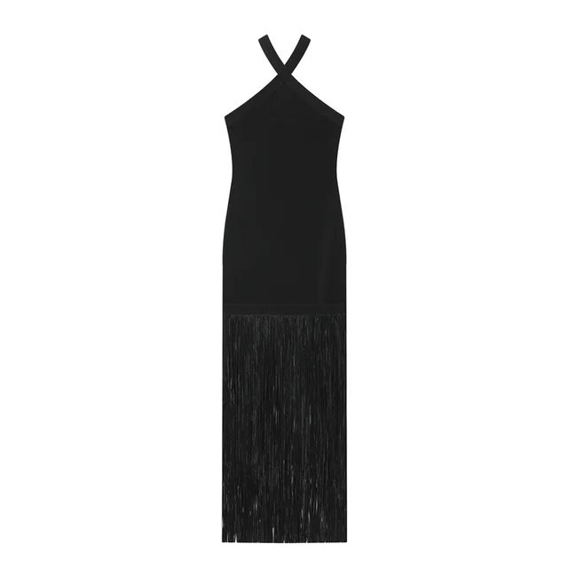 Halter Off the shoulder Stretch Tassel Dress For Women Black - Shop at LoveMi