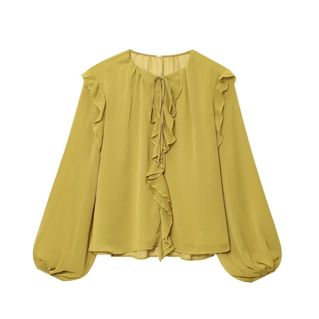 Women's Ruffled Laminated Decorative Shirt Yellow - Shop at LoveMi