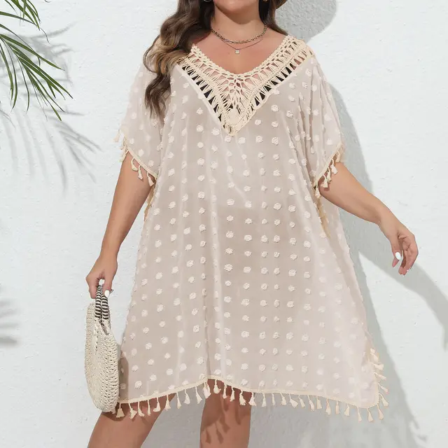 Three dimensional Chiffon Sexy See through Tassel V neck Patchwork Beach Dress Apricot - Shop at LoveMi