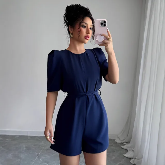 Advanced Simple Puff Sleeve Solid Color Shorts One piece Dark Blue - Shop at LoveMi