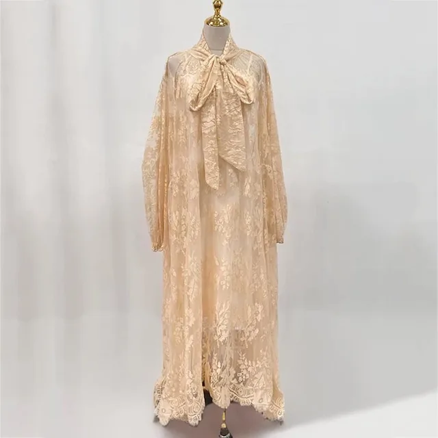 Hollow Jacquard Sling Lace See through Loose Ribbon Elegant Dress Apricot - Shop at LoveMi