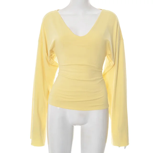 Summer And Autumn New Solid Color And V neck Flared Long Sleeve Slim Fit Yellow - Shop at LoveMi