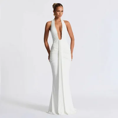 Sexy Temperament Halter Backless Slim fit Pleated Dress White - Shop at LoveMi