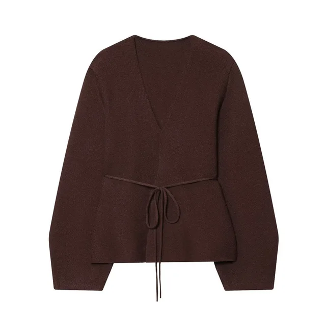 Autumn New Fashion Elegant With Belt Knitted Coat Brown - Shop at LoveMi