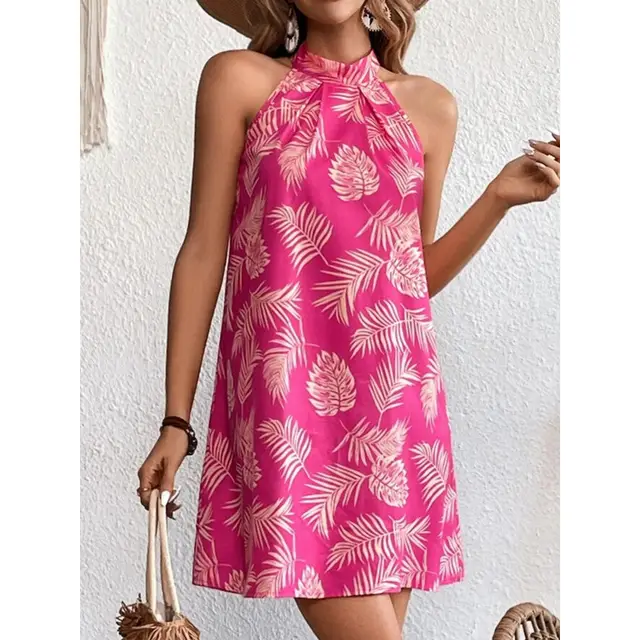 Tropical Printing Lace-up Halterneck Short Dress - Yellow Leaves On Foundation