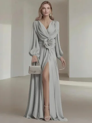 Flower Pleated Chiffon Wedding Dress Long Buff Sleeve Flowy V-neck Maxi Dress - Grey