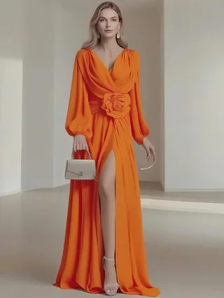 Flower Pleated Chiffon Wedding Dress Long Buff Sleeve Flowy V-neck Maxi Dress - Orange - View 1