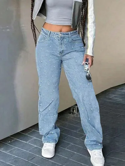 Elegant Elegant Party Rhinestone Women Wide leg Jeans Light Blue - Shop at LoveMi