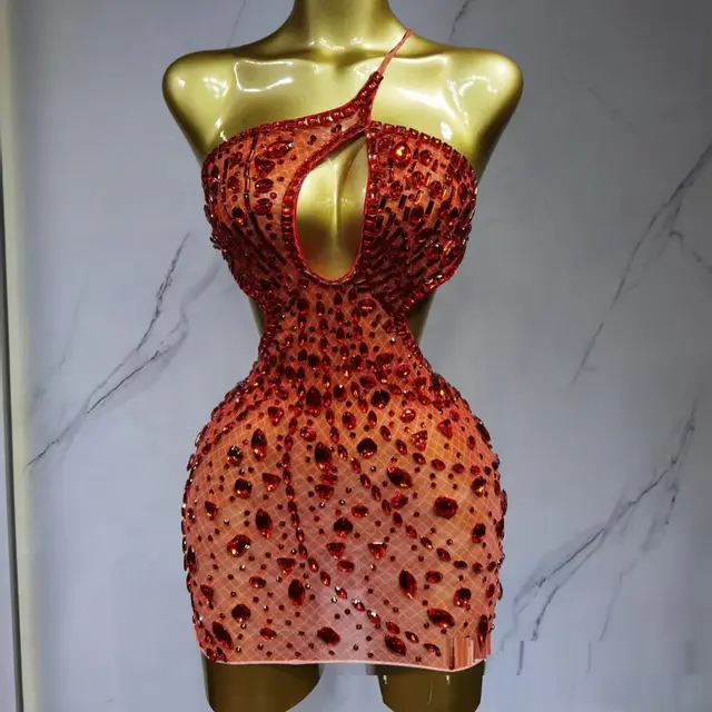 Party Bar One shoulder Luxury Light Diamond Backless Hip Skirt Red - Shop at LoveMi
