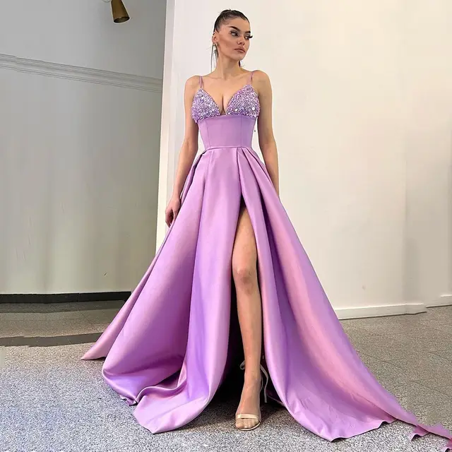 European And American Women's Clothing Dress Deep V Sequined Sexy Slit Purple - Shop at LoveMi