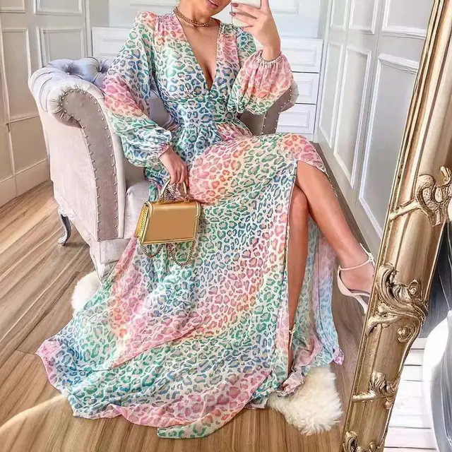 Women's Lantern Sleeve Color Leopard Print Casual Dress Color - Shop at LoveMi