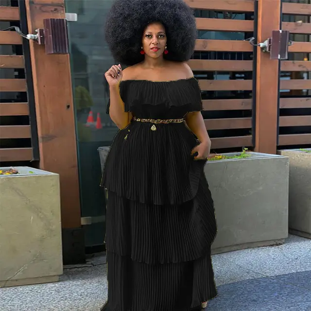 Off shoulder Backless Slim Fit Beach Vacation Pleated Dress Black - Shop at LoveMi