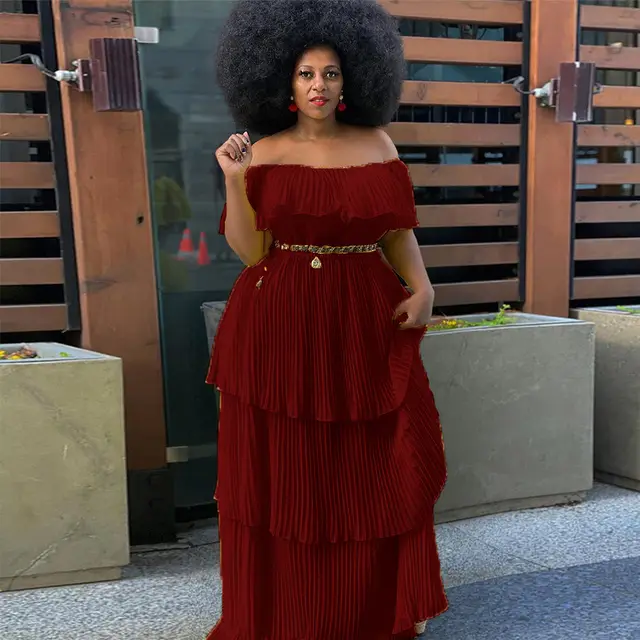 Off shoulder Backless Slim Fit Beach Vacation Pleated Dress Wine Red - Shop at LoveMi