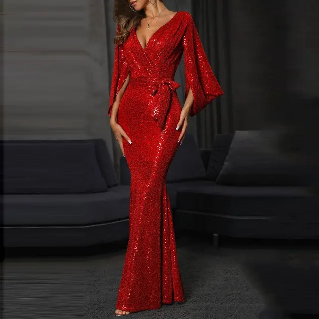 European And American Style Dress Sexy Slit Pure Color Sequins Red - Shop at LoveMi