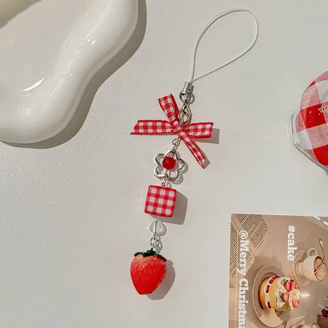 Japanese Cute Sweet Strawberry Bow Mobile Phone Charm Strawberry Lanyard - Shop at LoveMi