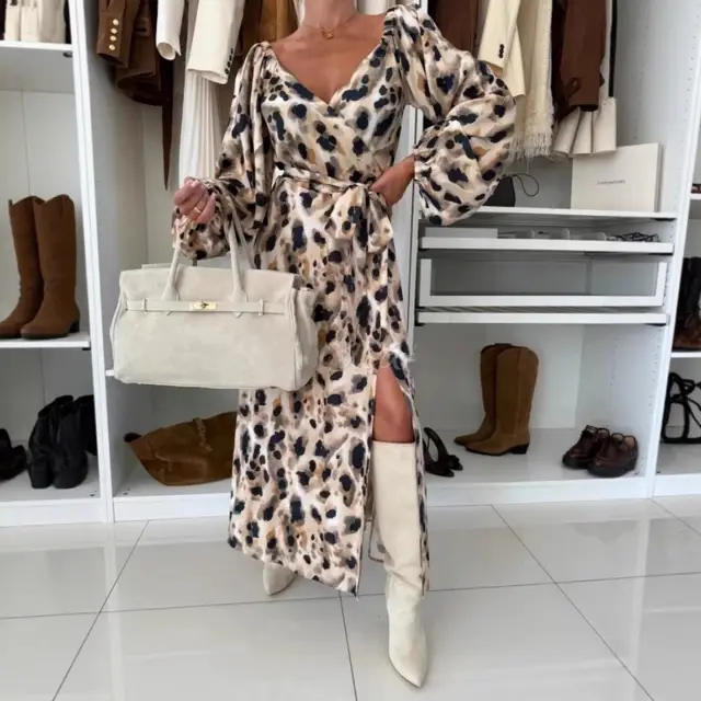 Women's Printed Waist controlled Hem Slit Long sleeved Dress Leopard Print - Shop at LoveMi