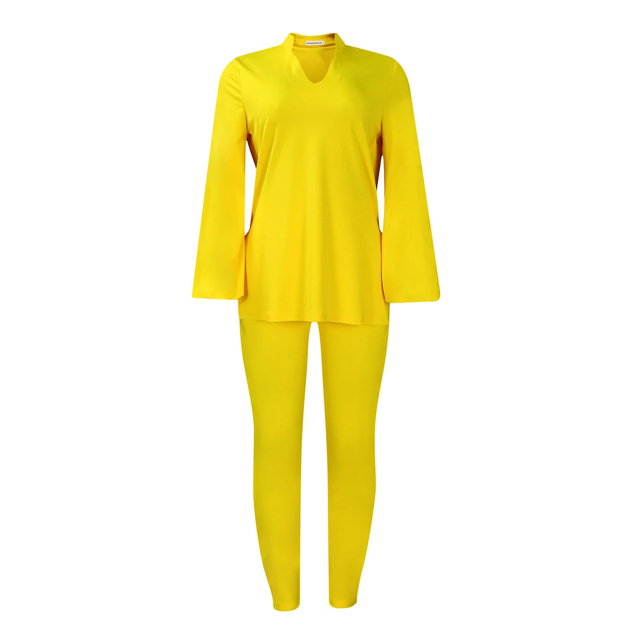 Solid Color Plus Size V-neck Long Sleeve Top Pants Suit - Yellow