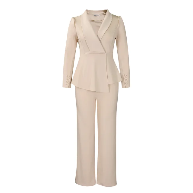 Ruffled Long sleeved Top Wide leg Pants Suit Khaki - Shop at LoveMi
