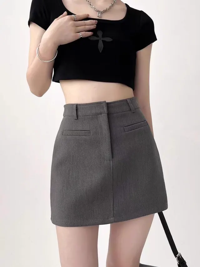 High Waist Petite Split A Line One Step Sheath Skirt Gray - Shop at LoveMi