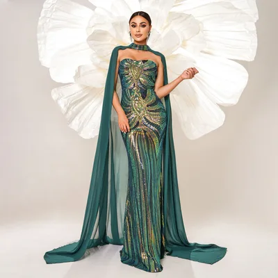 European And American New Long Sleeve Round neck Long Sequins Dress Green - Shop at LoveMi