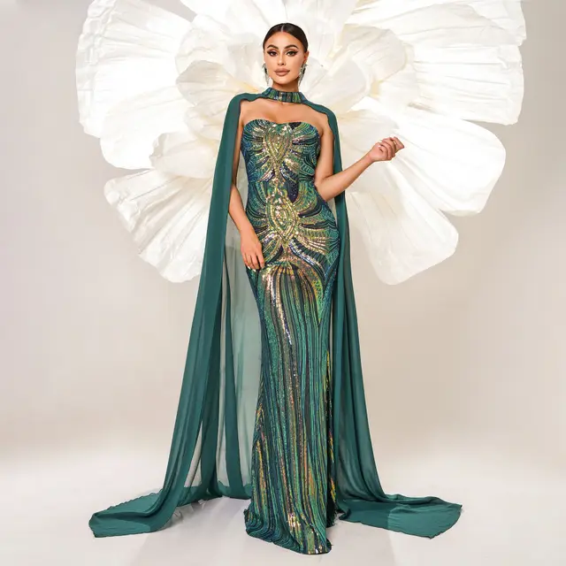 European And American New Long Sleeve Round neck Long Sequins Dress Green - Shop at LoveMi