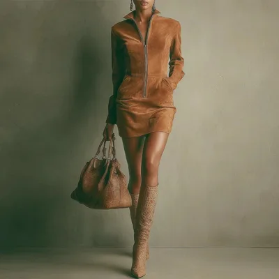 Deerskin Velvet French Long sleeve Zipper Dress Short Skirt Dark Brown - Shop at LoveMi