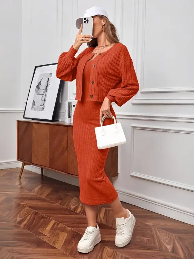 Casual Sunken Stripe Coat Dress Two piece Set Orange - Shop at LoveMi