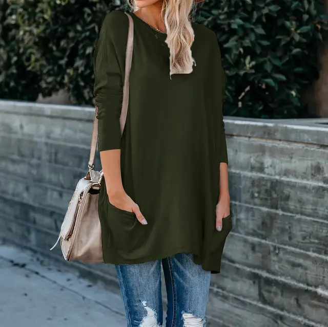 Round Neck Long Sleeve Pocket T shirt Top Army Green - Shop at LoveMi