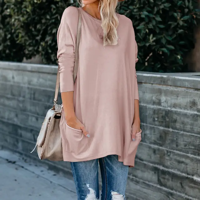 Round Neck Long Sleeve Pocket T shirt Top Pink - Shop at LoveMi