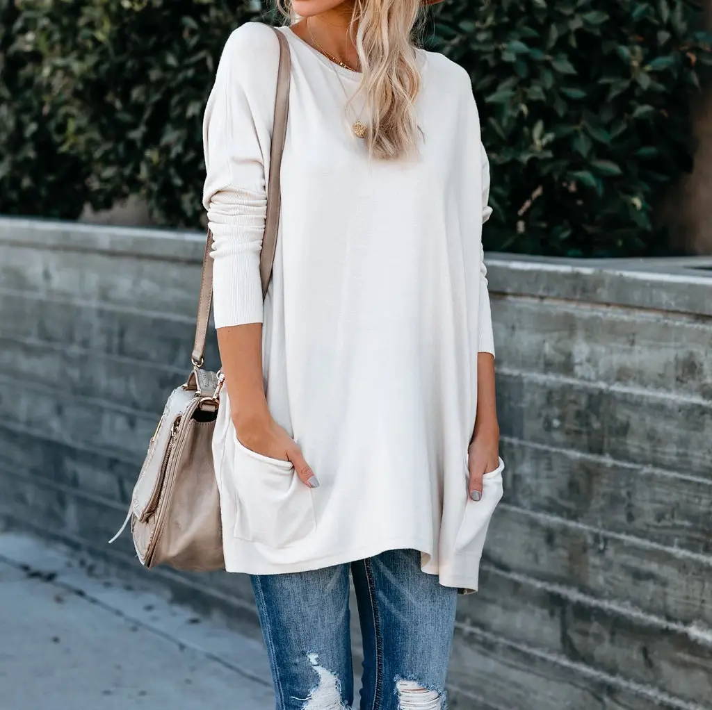 Round Neck Long Sleeve Pocket T-shirt Top - White