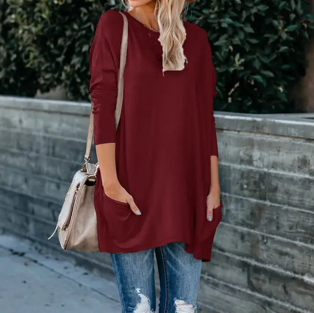 Round Neck Long Sleeve Pocket T shirt Top Wine Red - Shop at LoveMi