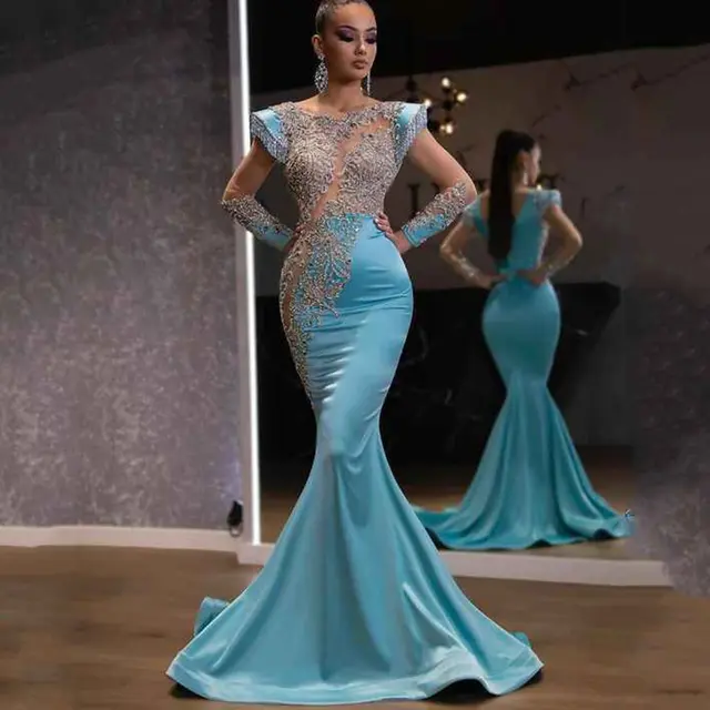 Daily Light Blue Fishtail Long Slimming Temperament Annual Party Evening Dress Women Light Blue - Shop at LoveMi