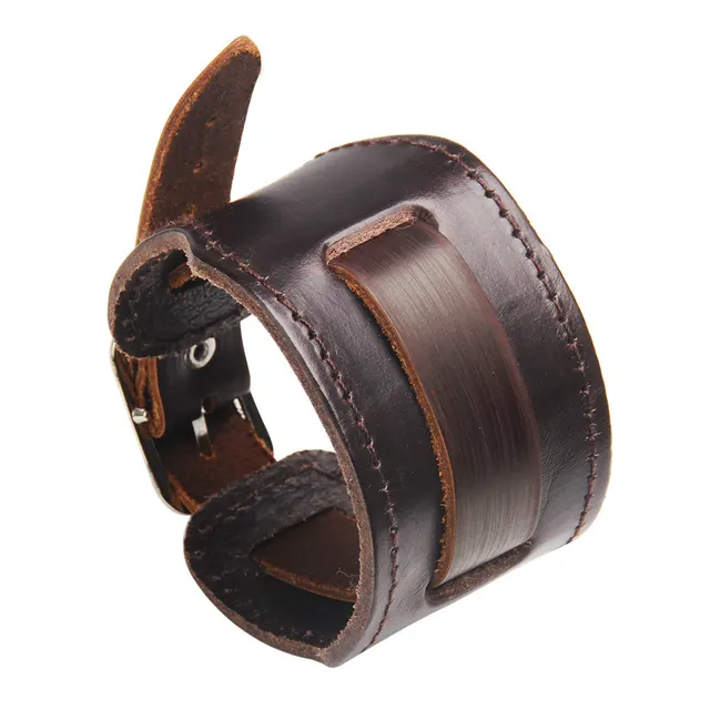 Simple Versatile Cowhide Wide Leather Bracelet Brown - Shop at LoveMi