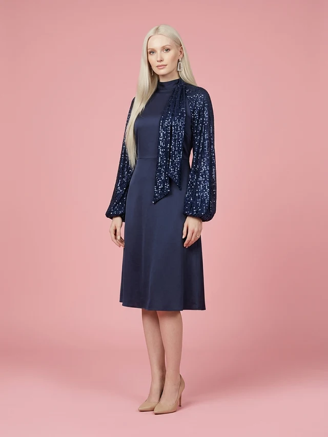 Long Sleeve Round Neck Stitching Sequins Tied Dress Blue - Shop at LoveMi