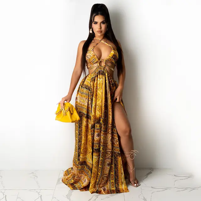 New Sleeveless Printed Halter Split Dress Yellowish Brown - Shop at LoveMi