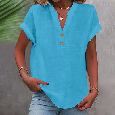 Stand Collar Button Short Sleeve Women's Shirt Blue - Shop at LoveMi