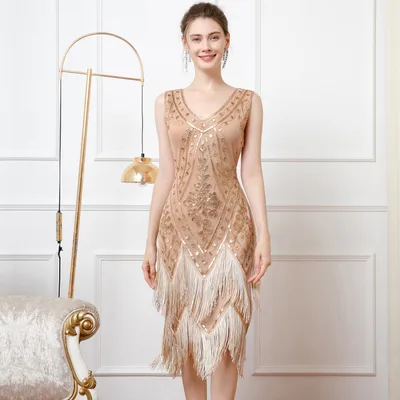 Retro Double layered Tassel V neck Bead Dress Apricot Gold - Shop at LoveMi