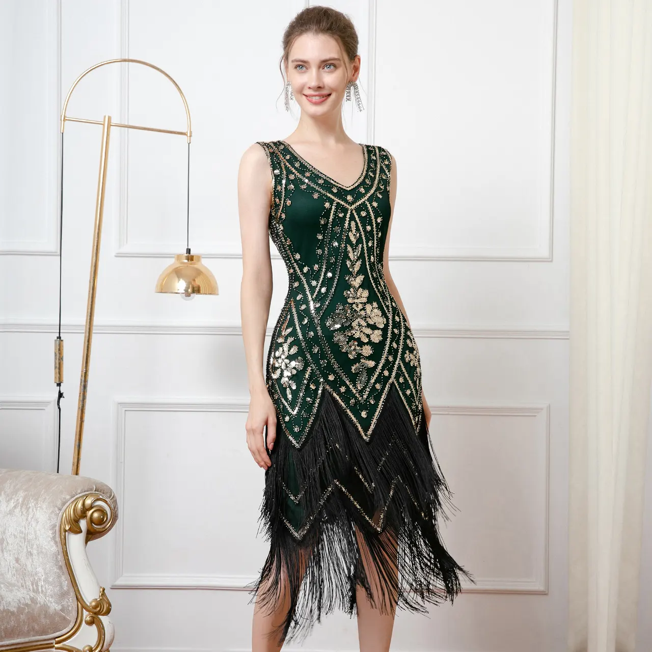 Retro Double-layered Tassel V-neck Bead Dress - Dark Green Gold