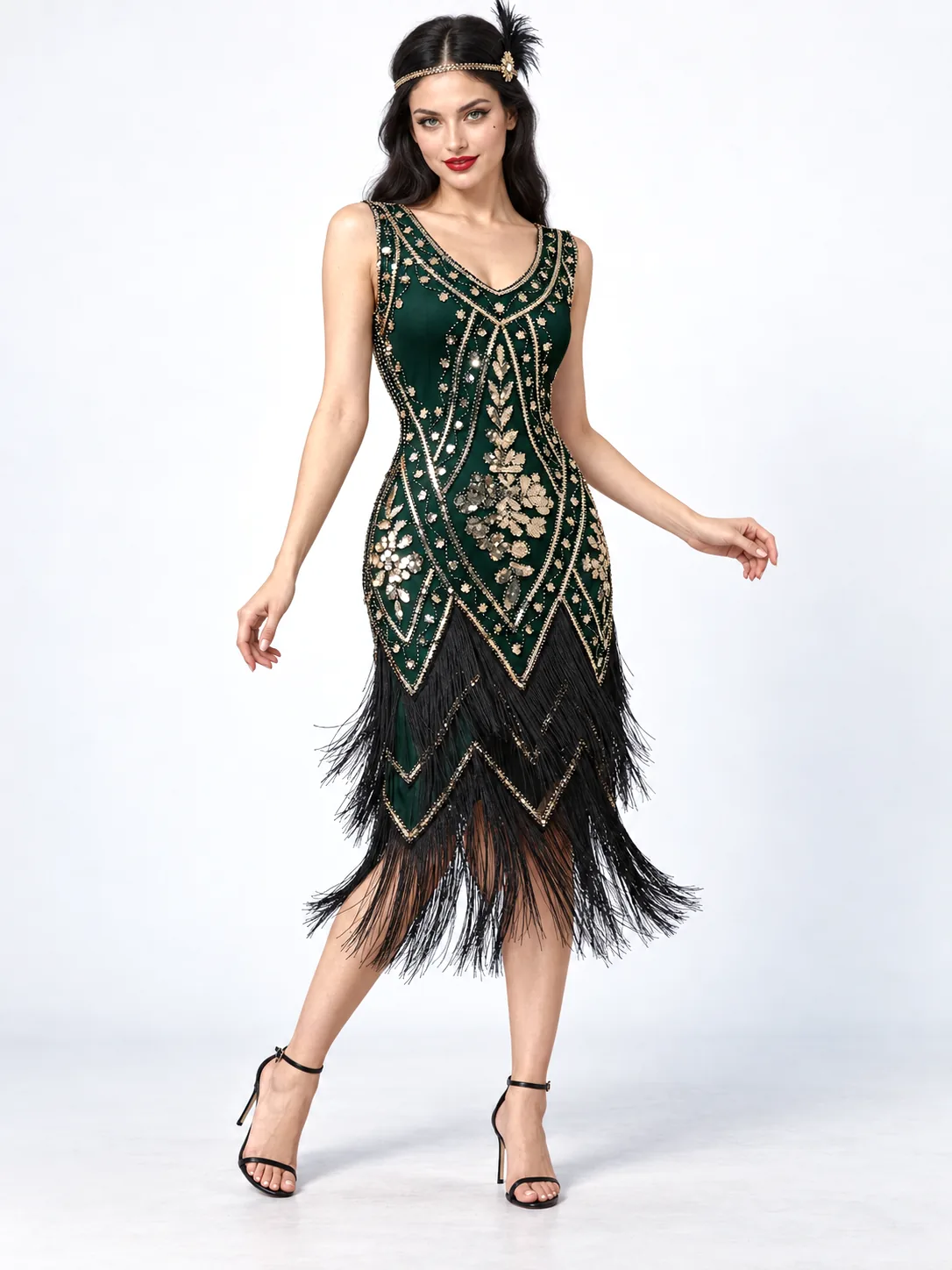 Retro Double-layered Tassel V-neck Bead Dress - Dark Green Gold - View 1