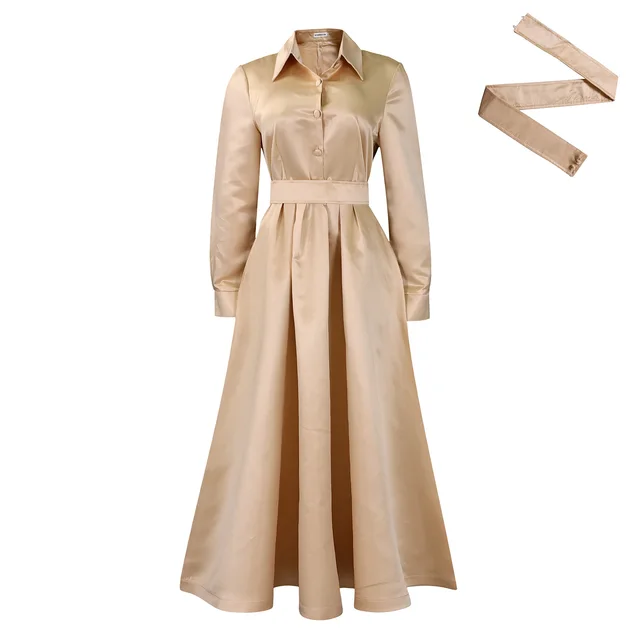 Large Swing Solid Color Lapel Long Sleeve African Dress Khaki - Shop at LoveMi