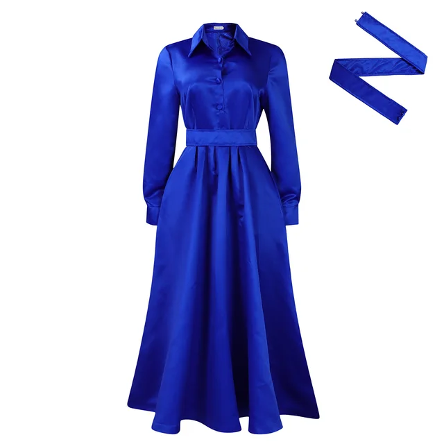 Large Swing Solid Color Lapel Long Sleeve African Dress Sapphire Blue - Shop at LoveMi