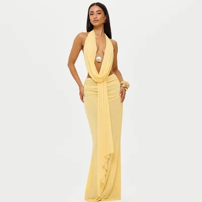 Halter Swing Collar Backless Top Sexy Sheath Skirt Suit Yellow - Shop at LoveMi
