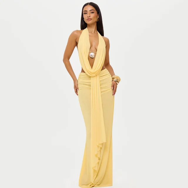 Halter Swing Collar Backless Top Sexy Sheath Skirt Suit Yellow - Shop at LoveMi
